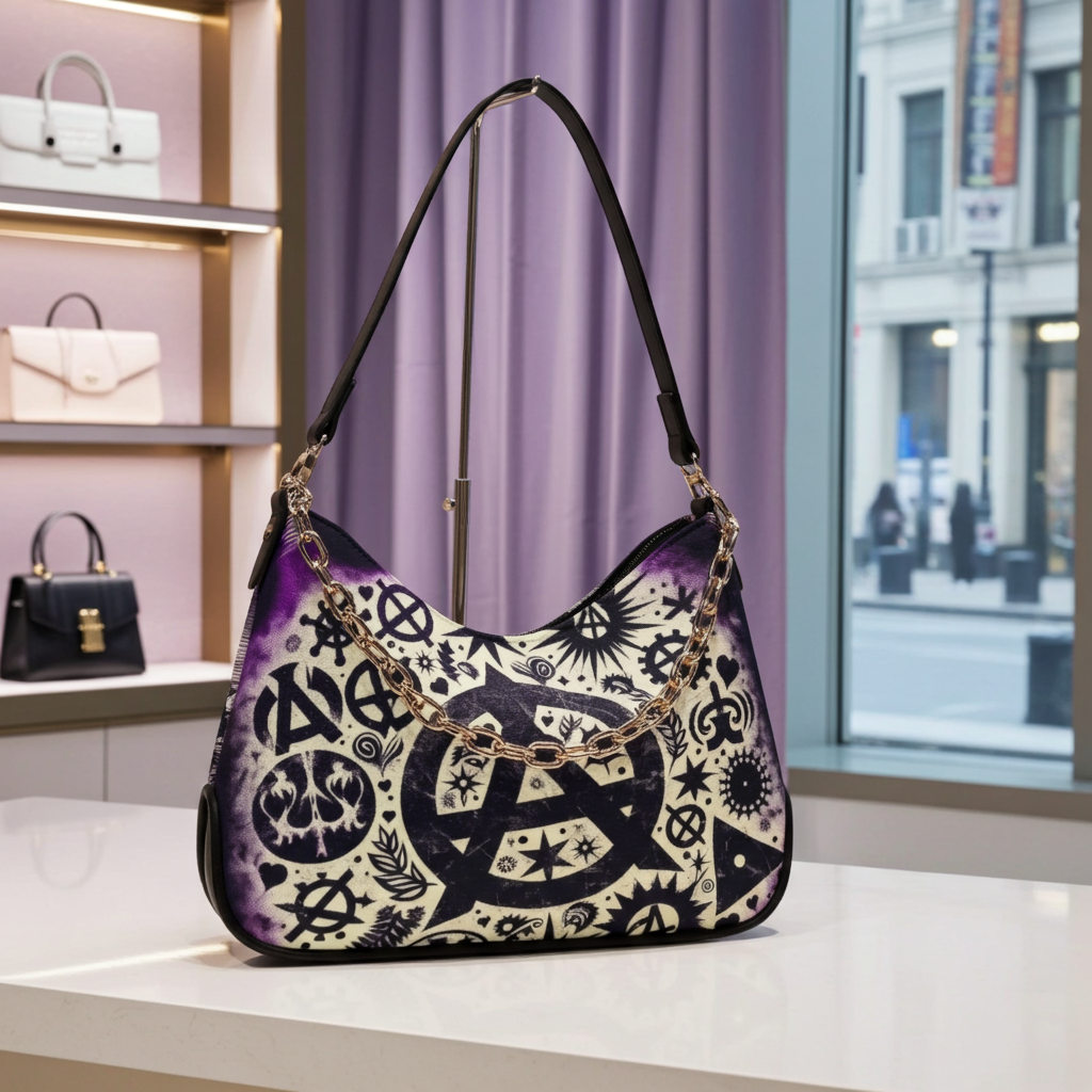 Handbag with black and white pattern on a white surface with a store interior in the background
