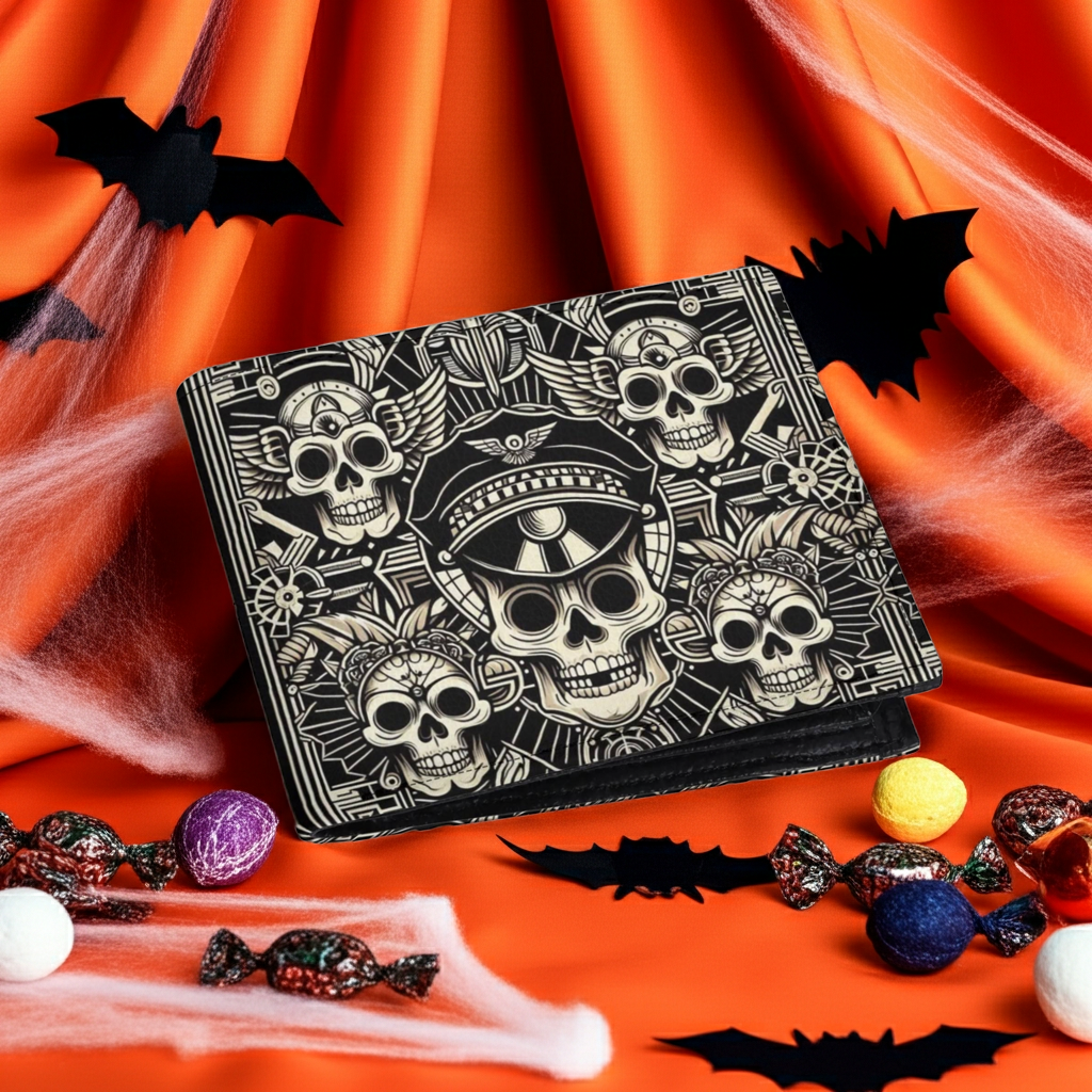 Men's Gothic Art Deco PU Leather Wallet with Skull & Wings Design - Slim Multi Card Holder for Daily Use
