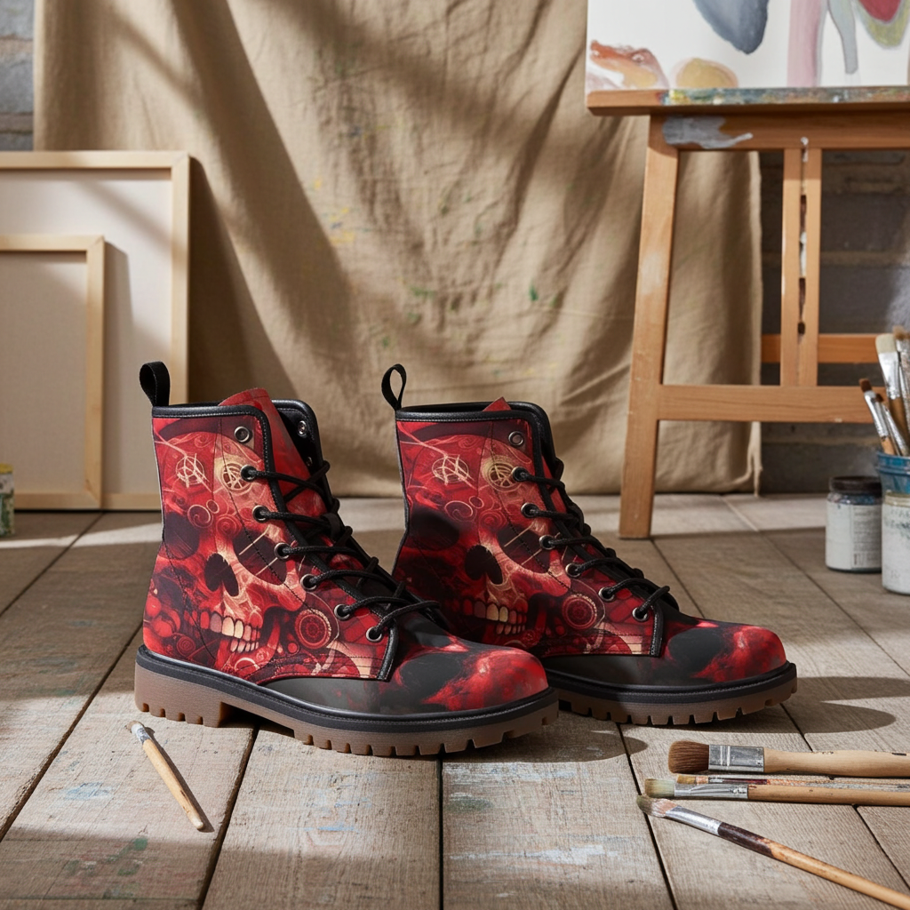 Red and black patterned boots on a wooden floor with art supplies in the background