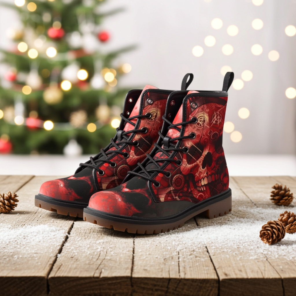 Red skull-patterned boots on a wooden surface with a Christmas tree in the background