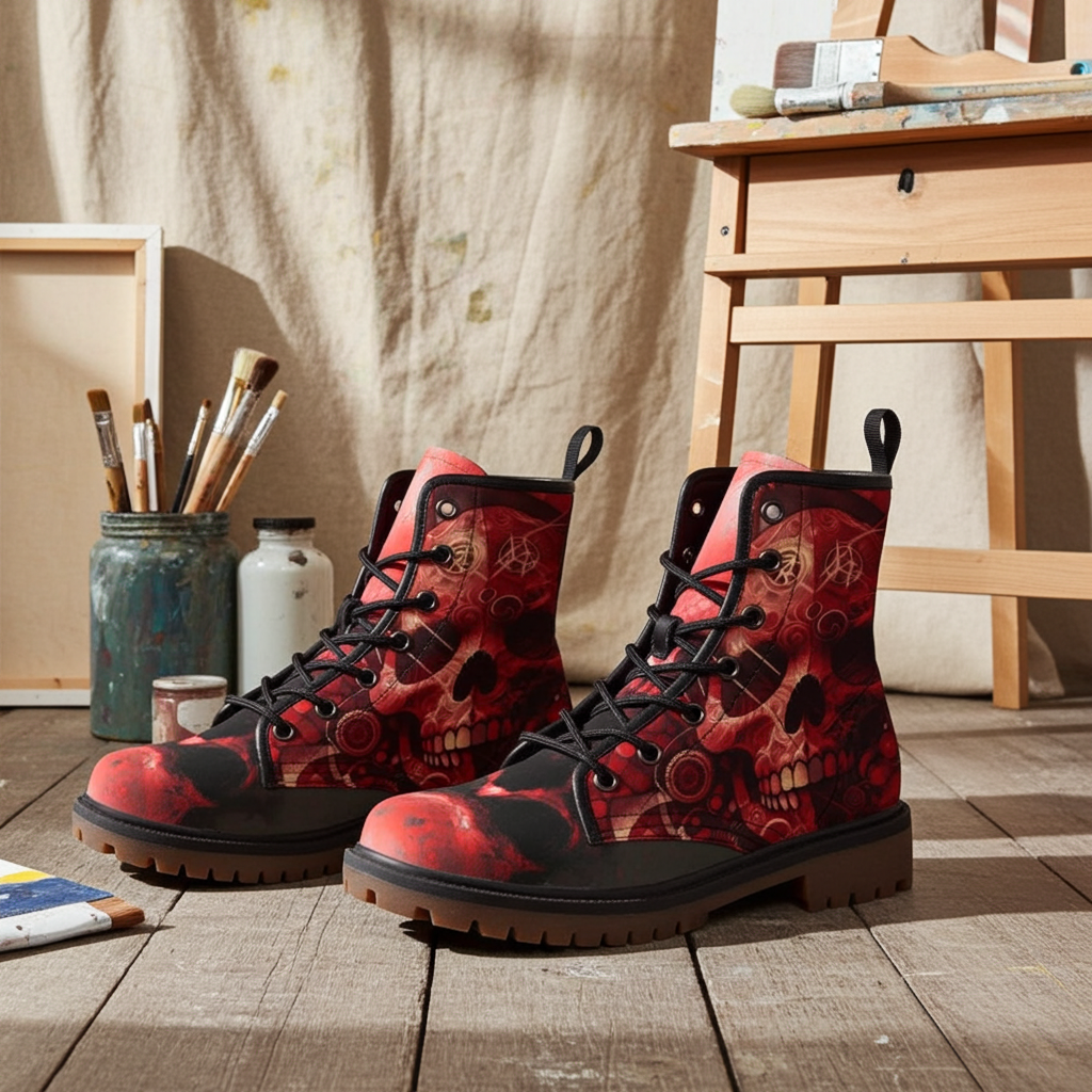 Red and black skull-patterned boots on a wooden floor with art supplies in the background.