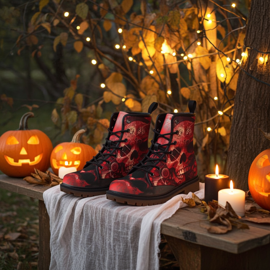 Pair of red and black patterned boots on a wooden table with Halloween decorations including pumpkins and candles.