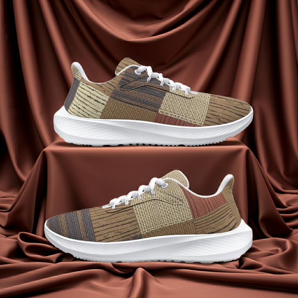 Pair of brown patchwork sneakers with white soles on a brown fabric background