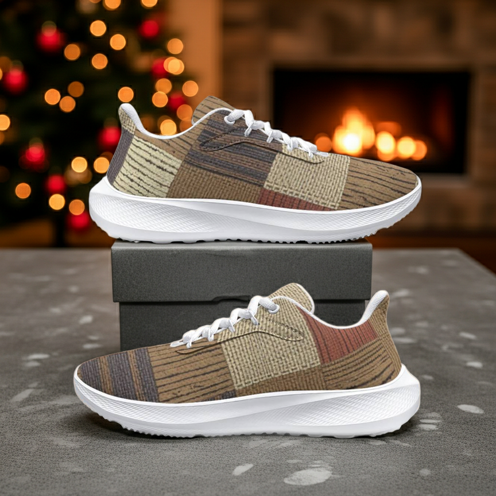 Pair of patterned sneakers on a box with a festive background featuring lights and a fireplace.