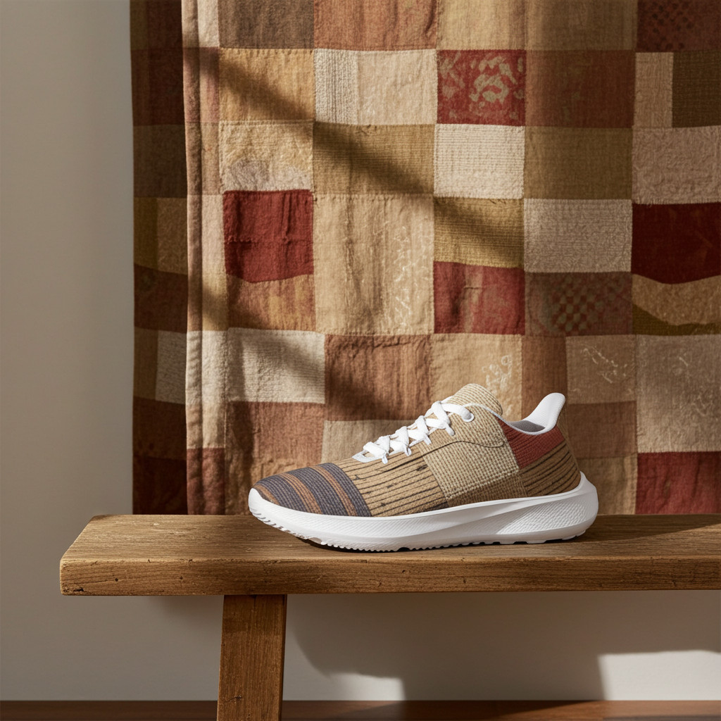 Brown and beige sneaker on a wooden bench with a patchwork curtain in the background