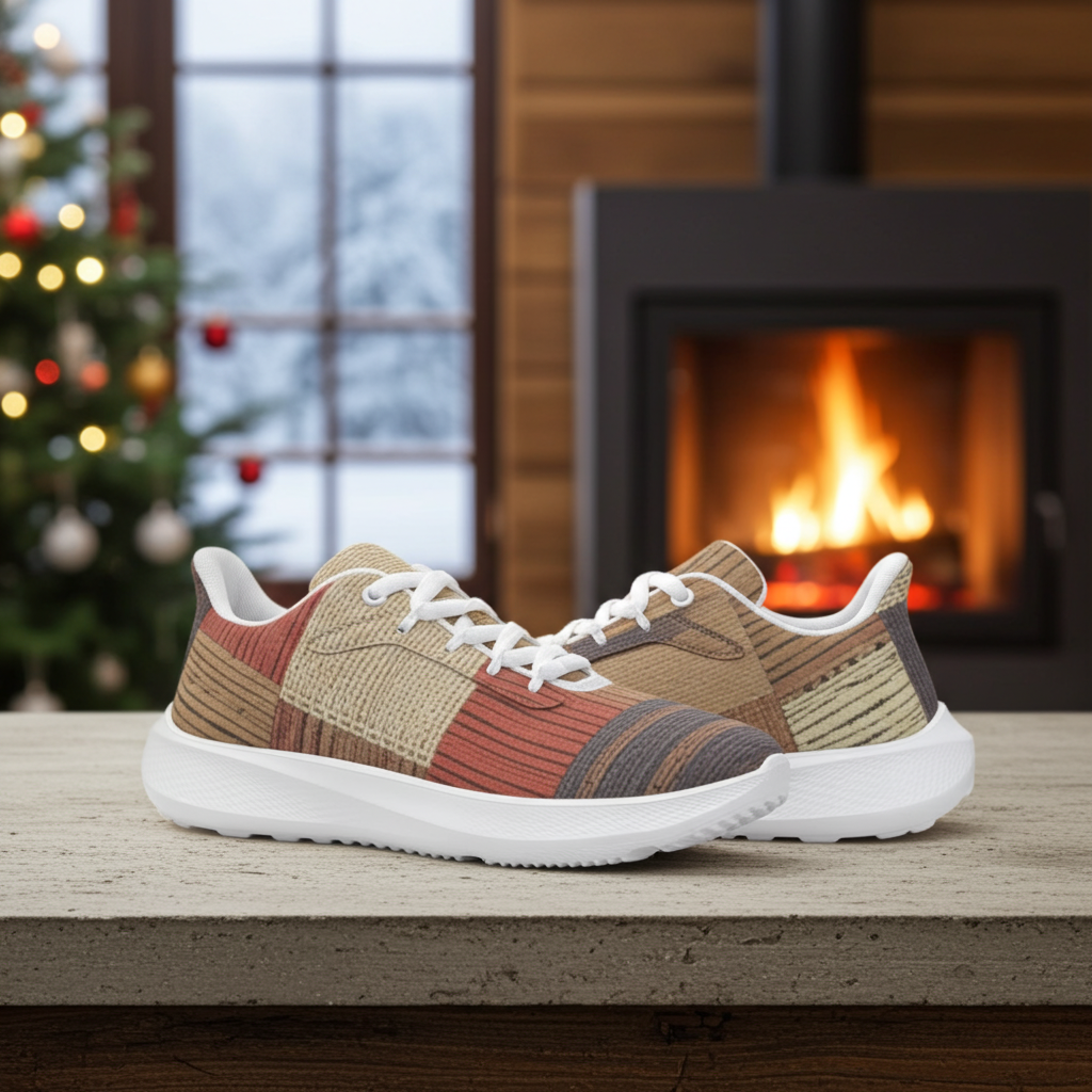 Pair of patterned sneakers on a wooden surface with a Christmas tree and fireplace in the background