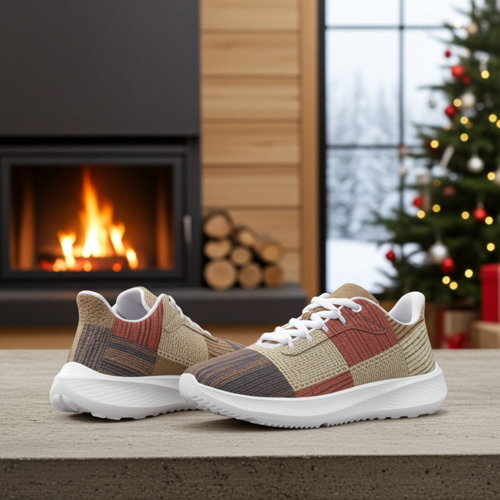 Pair of patterned sneakers on a surface with a fireplace and Christmas tree in the background