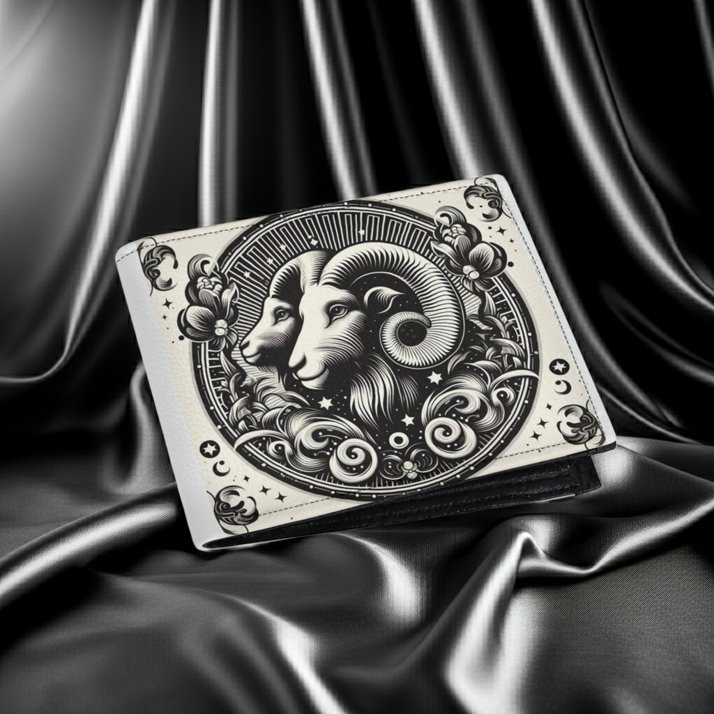 Decorative wallet with a zodiac design on a black satin background