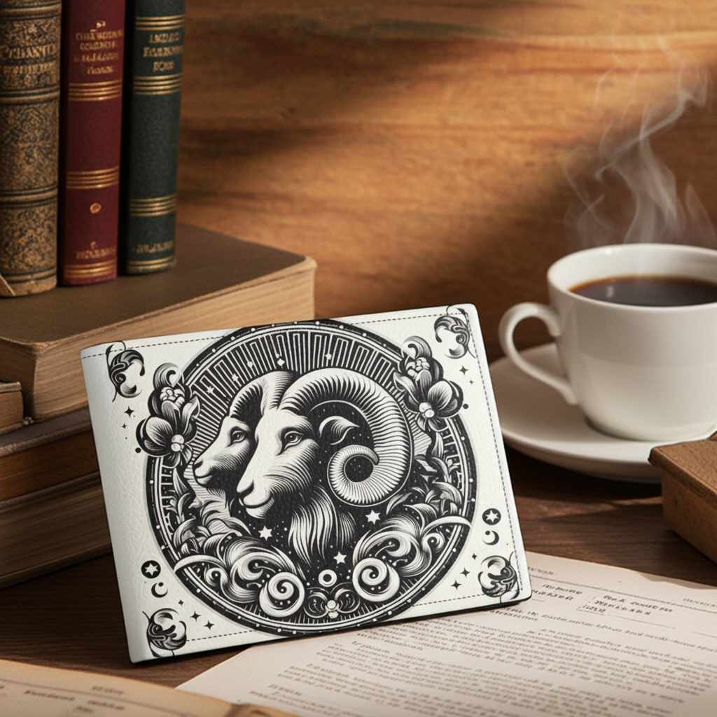 Decorative notebook with ram design on a wooden table with books and coffee.