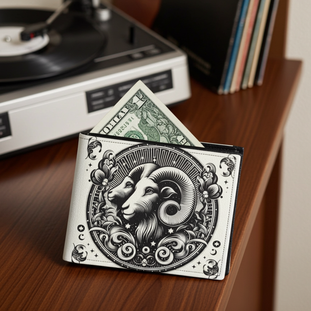 White wallet with black ram design on a wooden surface next to a record player.