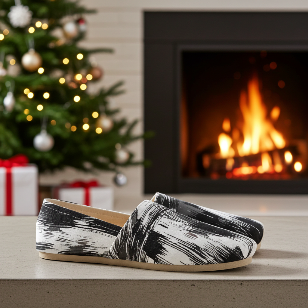Black and white patterned shoes on a surface with a Christmas tree and fireplace in the background