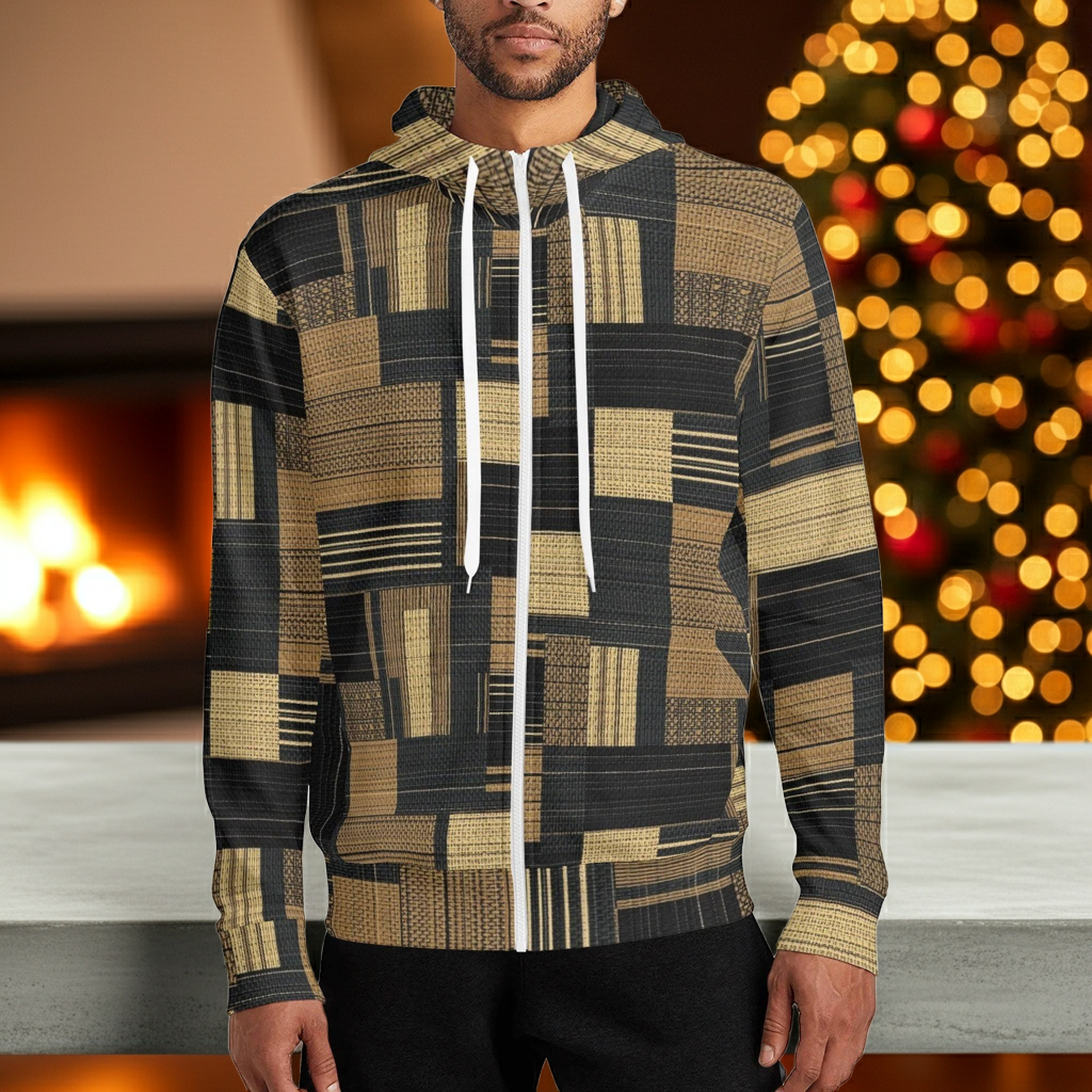 Mens Full Zip Geometric Textile Pattern Turtleneck Hoodie for Streetwear