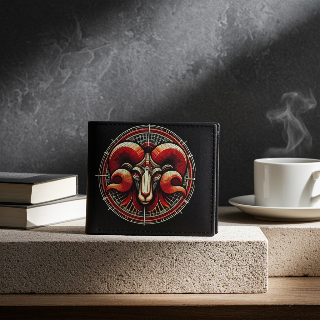 Black wallet with a red and gold ram design on a gray surface with books and a cup of coffee.