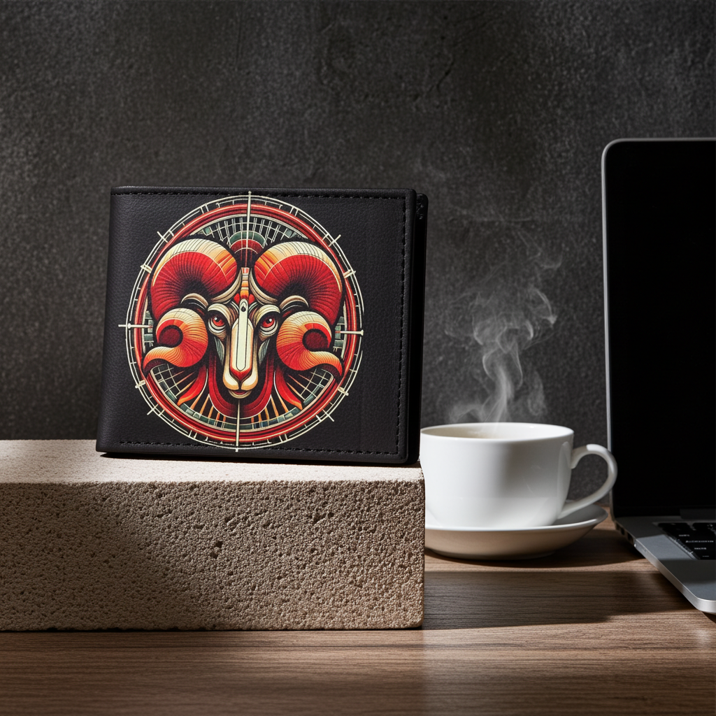 Black wallet with ram design on a desk with a cup of coffee and laptop