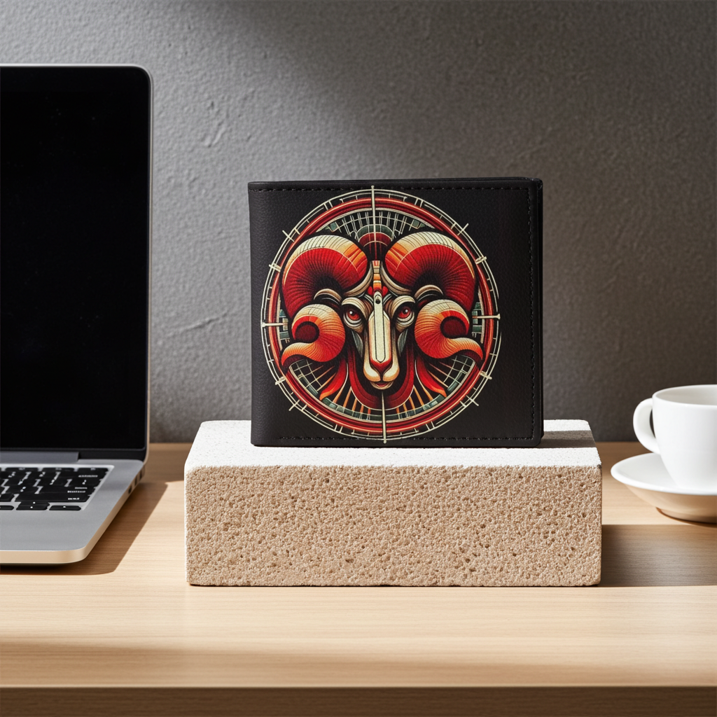Black wallet with red and gold ram design on a wooden block next to a laptop and cup.