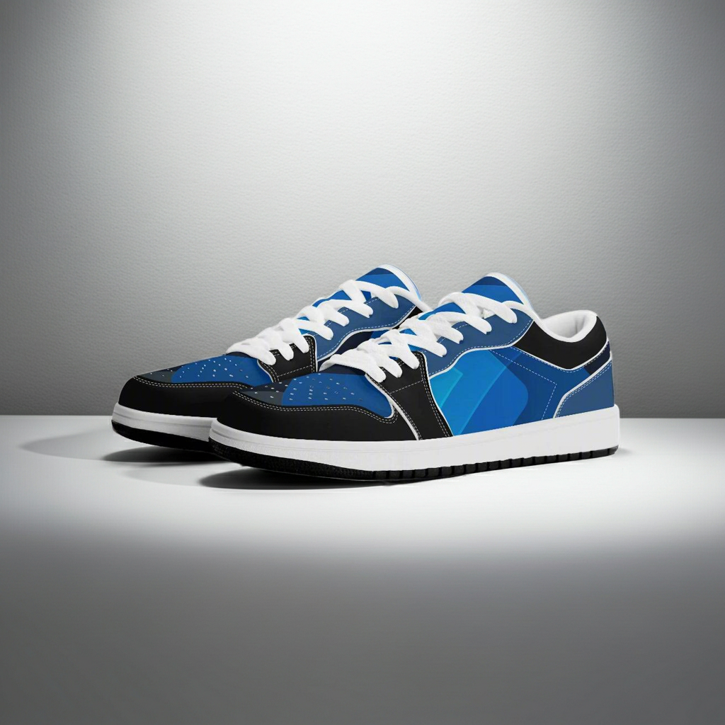 Blue and black sneakers with white laces on a gray background