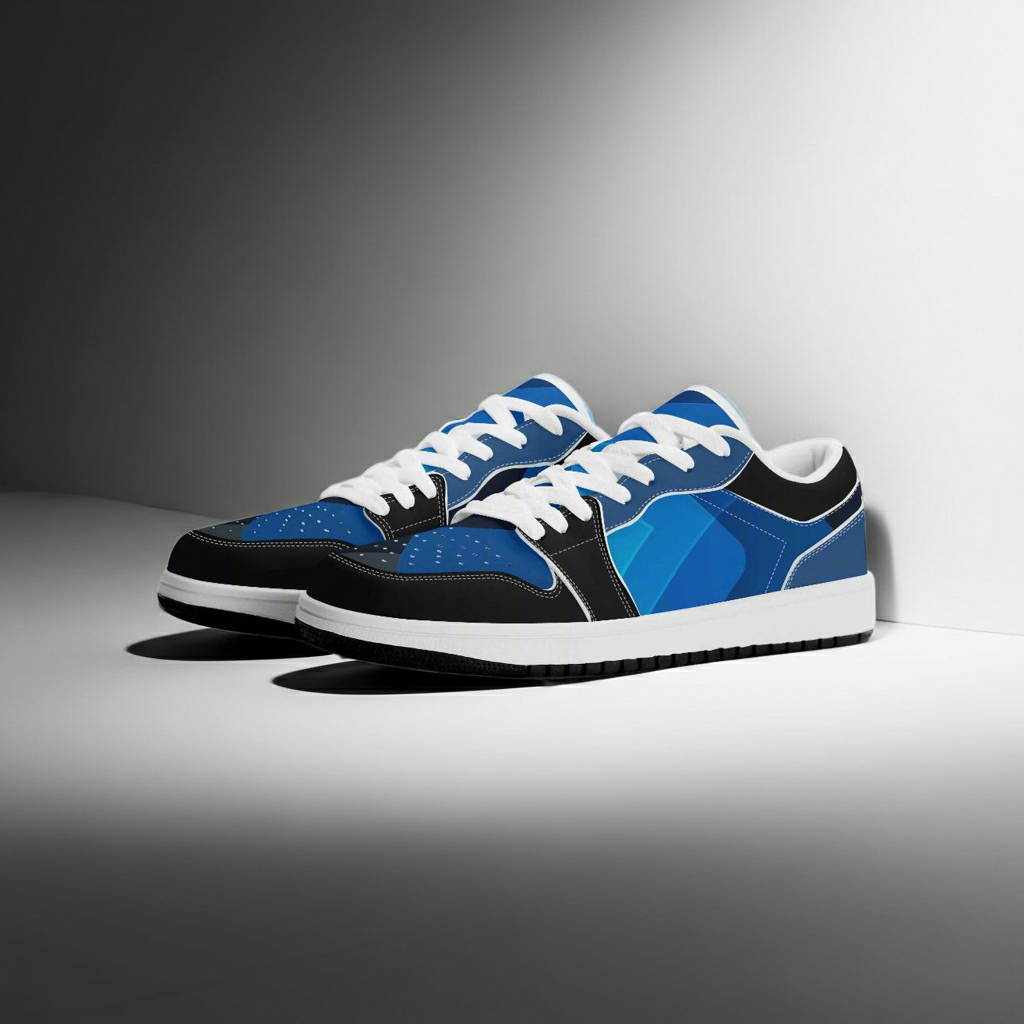 Pair of blue and black sneakers on a gray background