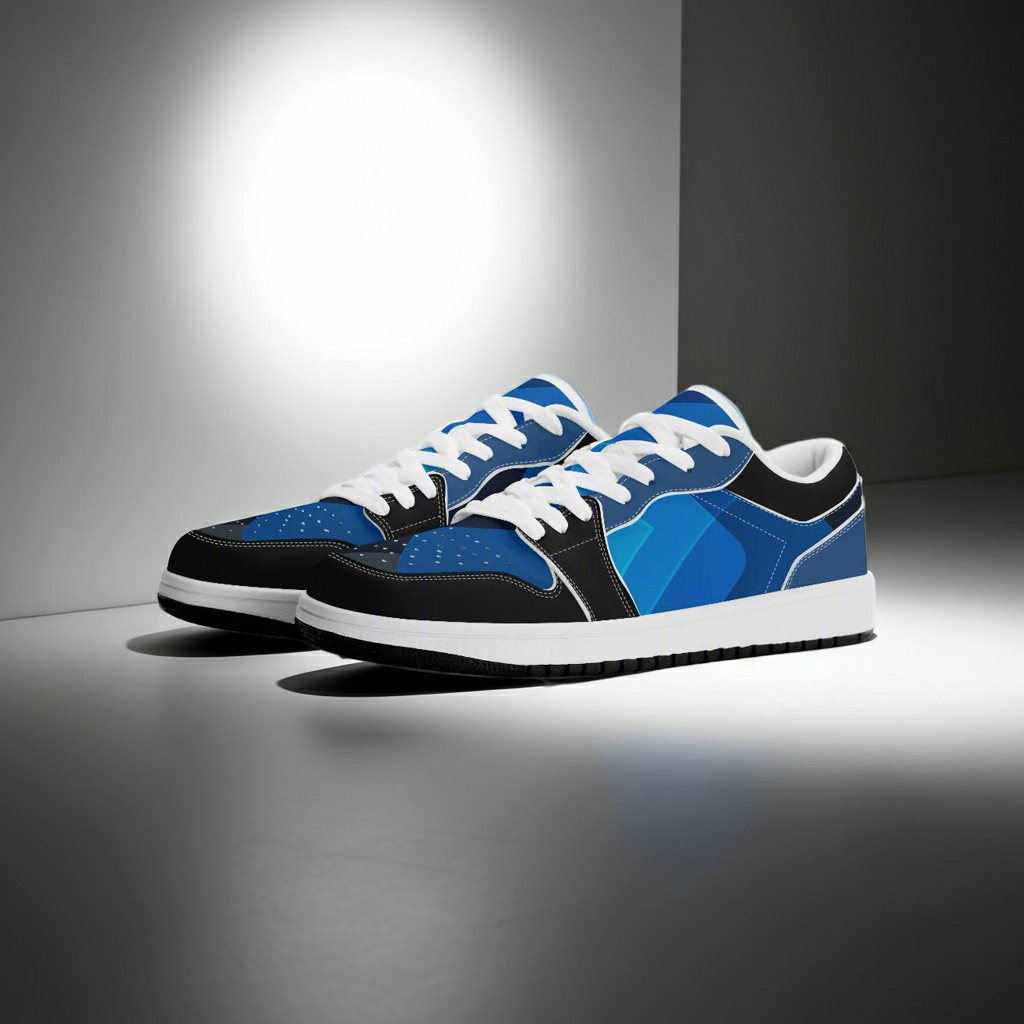 Blue and black sneakers with white laces on a gray background