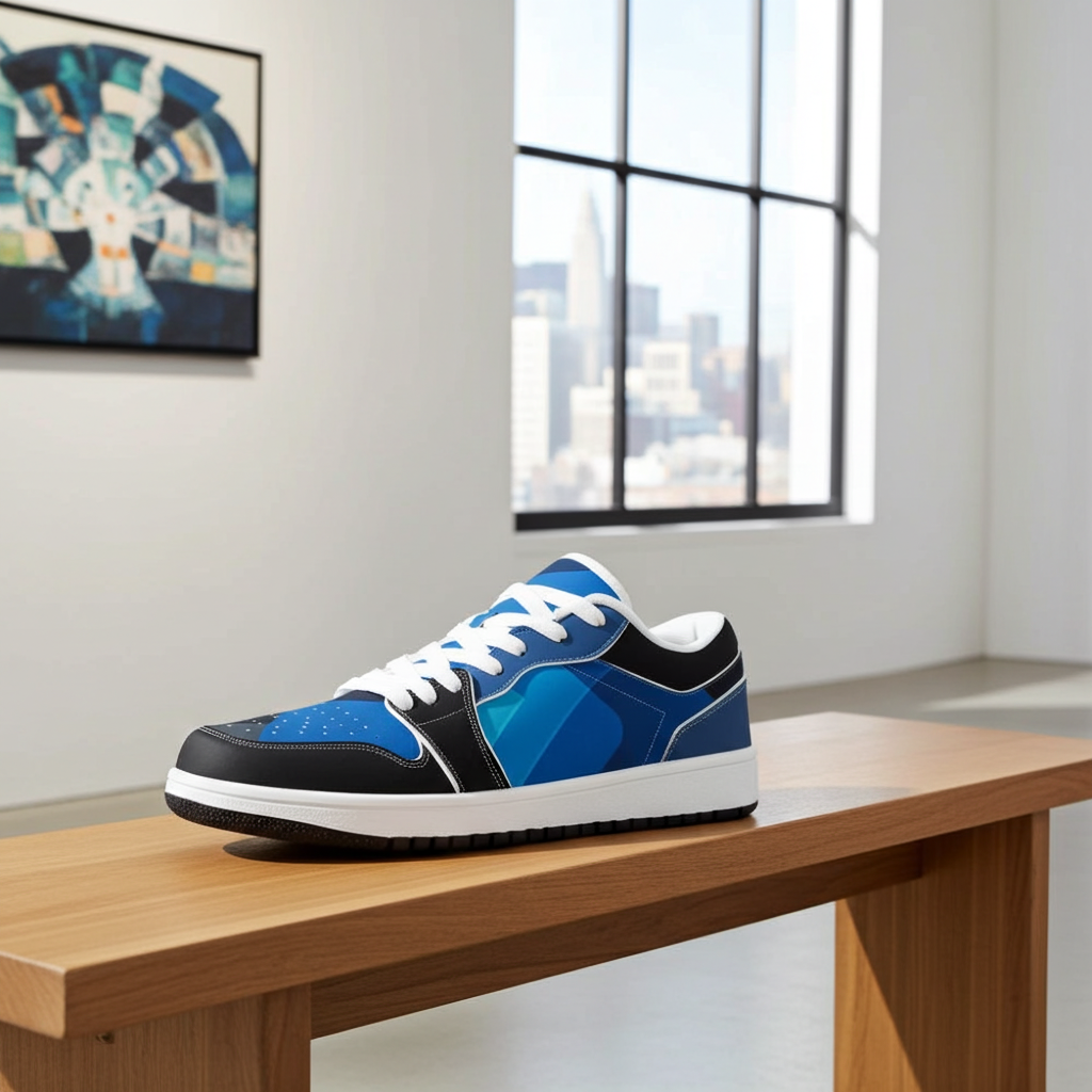Blue and black sneaker on a wooden bench with a cityscape in the background