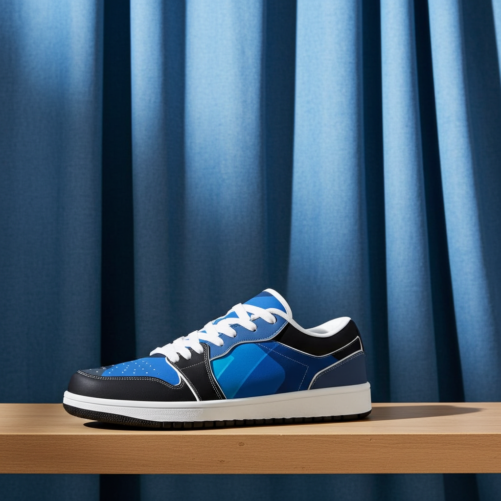 Blue and black sneaker on a wooden surface with a blue curtain background