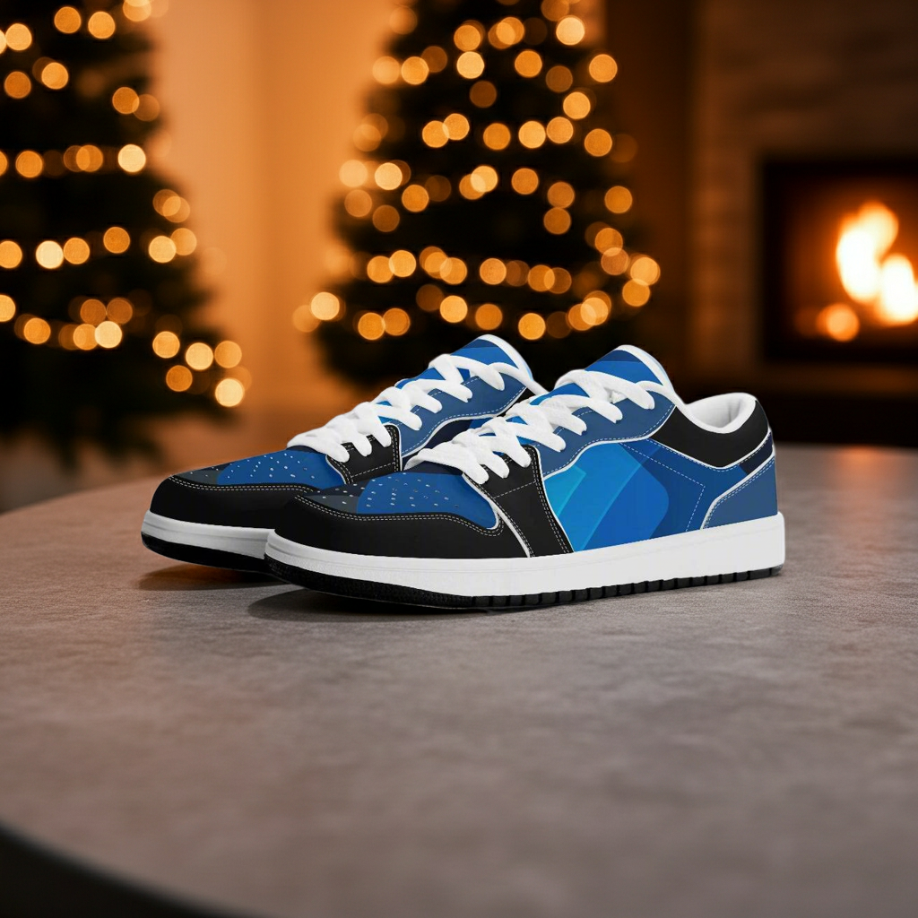 Modern Abstract Men's Sneakers - PU Leather Low Top with Gradient Blue & Geometric Patterns