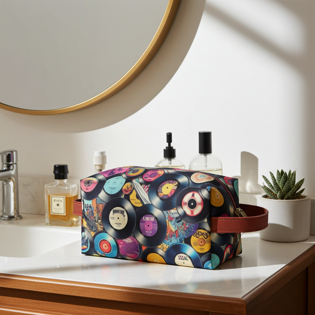Pop Art Vinyl Records Toiletry Bag - PU Leather Travel Organizer with Vintage Music Theme