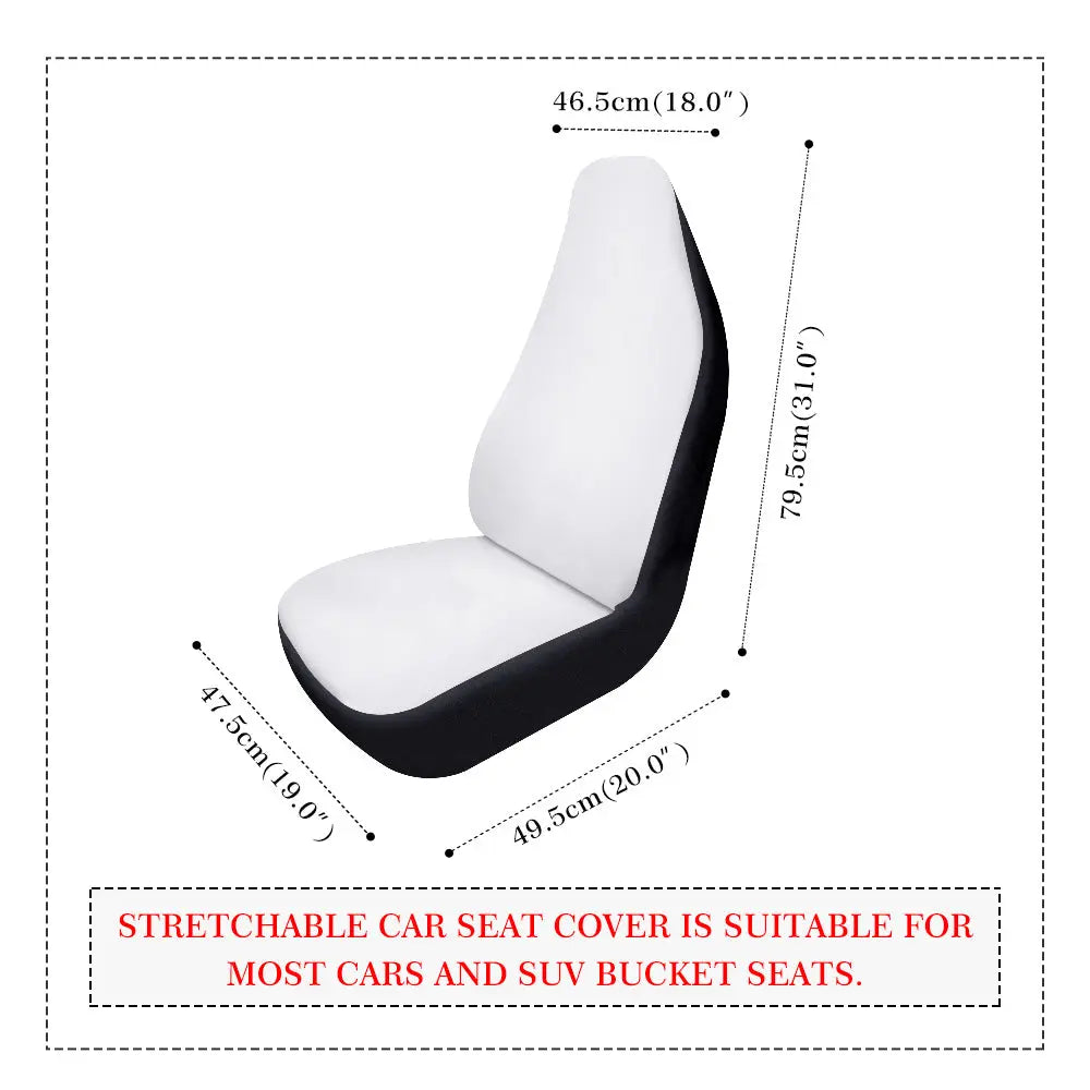 White and black car seat cover with measurements on a white background