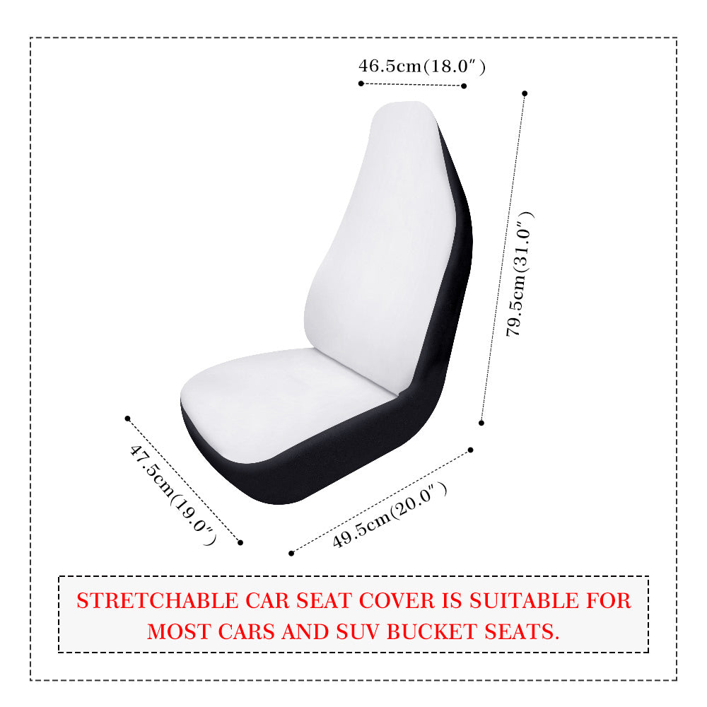 White and black car seat cover with measurements on a white background
