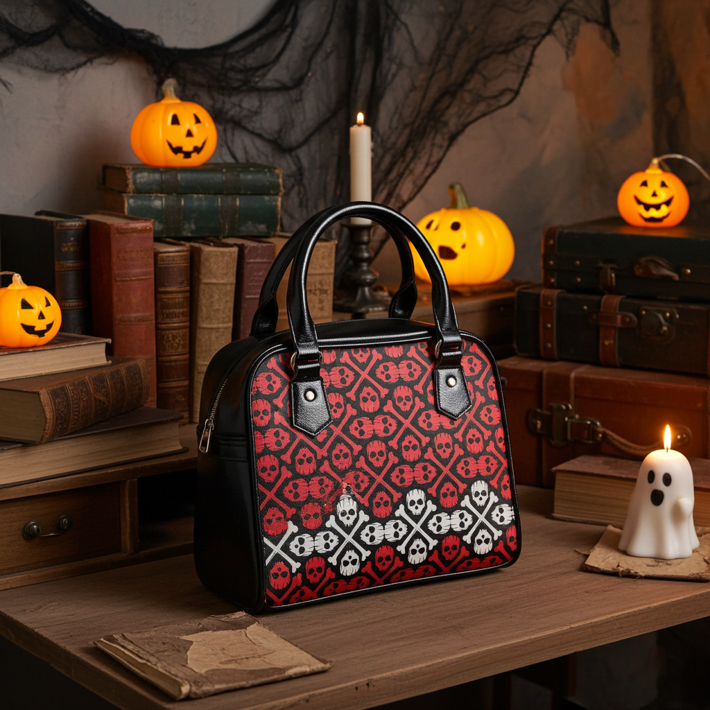 Halloween-themed handbag with skull pattern on a table with pumpkins and candles.