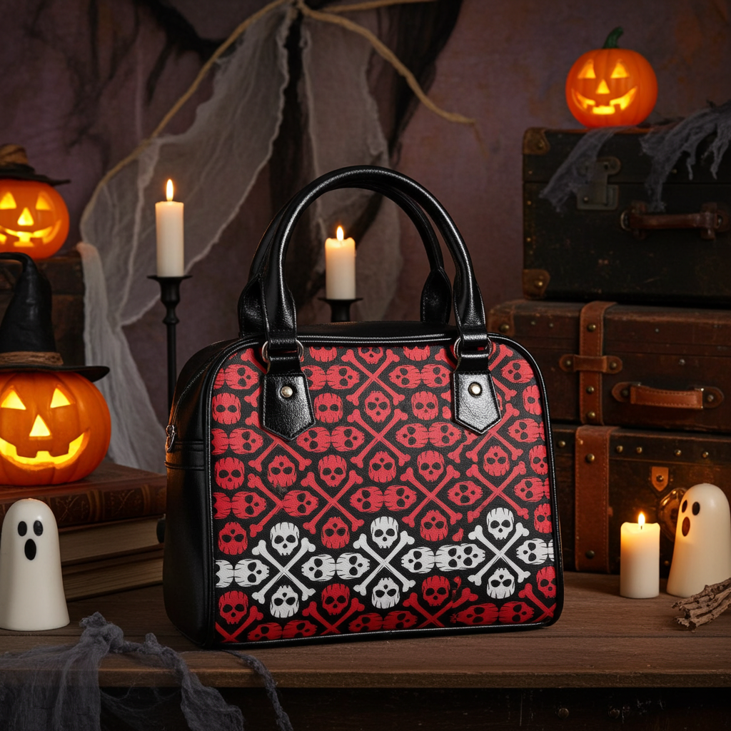 Halloween-themed handbag with skull pattern in a spooky setting with pumpkins and candles.