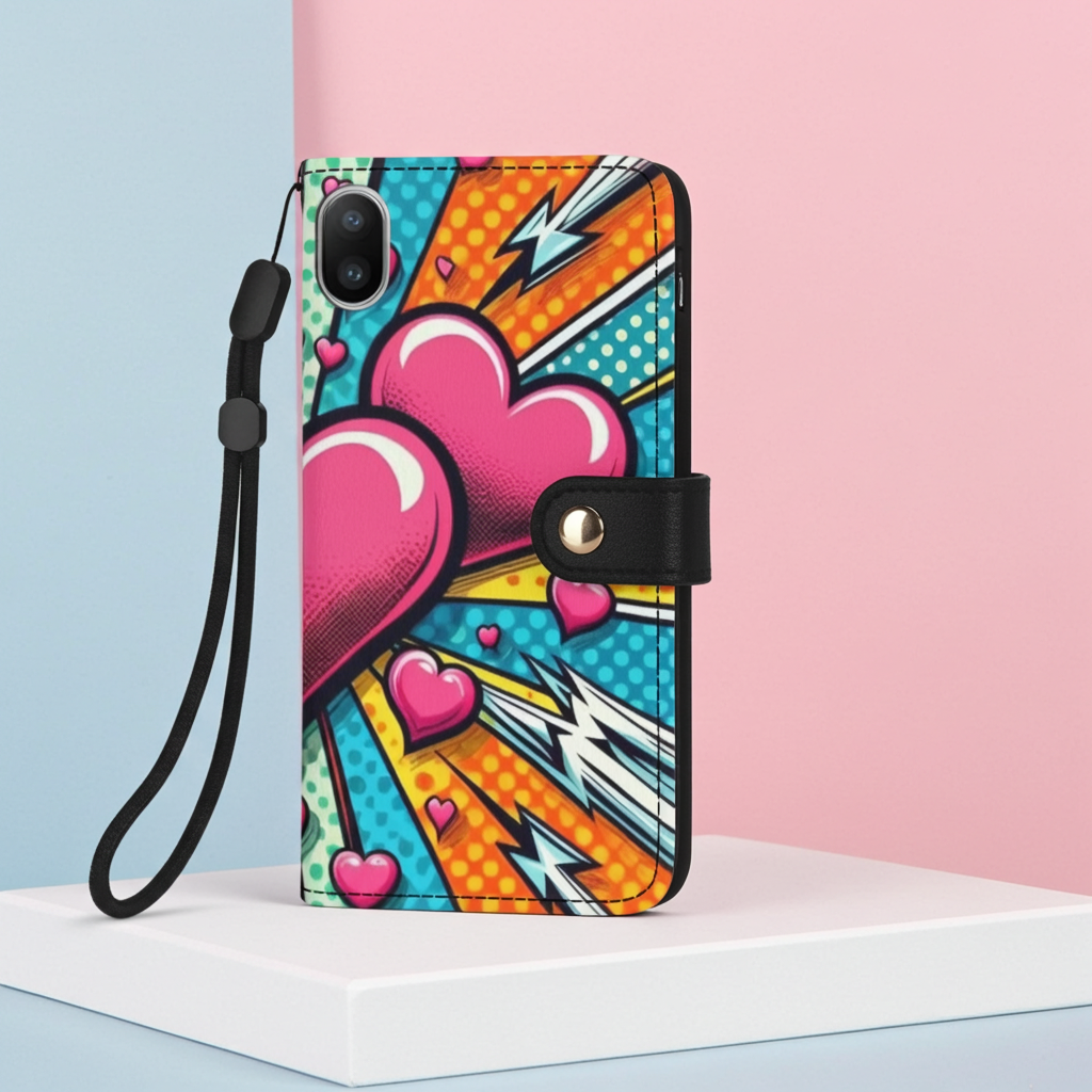 Colorful phone case with heart designs on a white surface