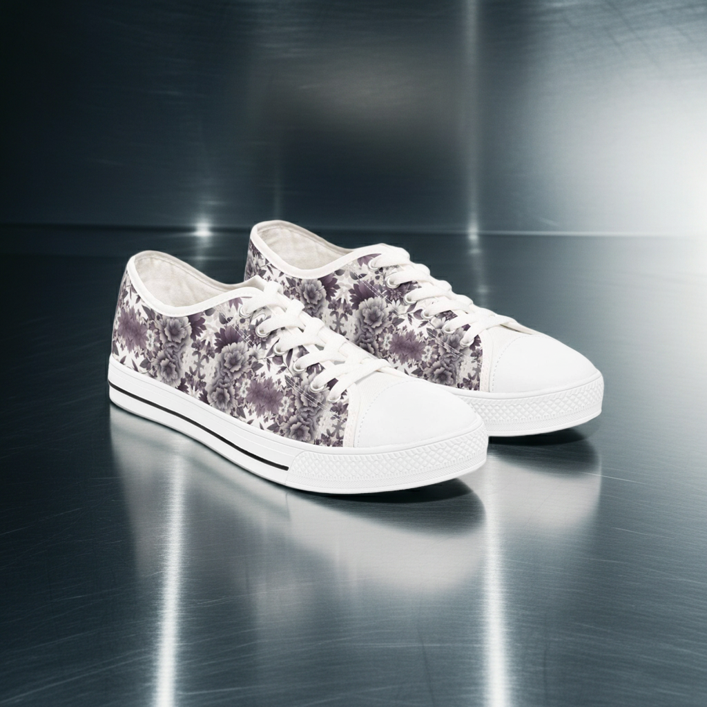 White sneakers with floral pattern on a reflective surface