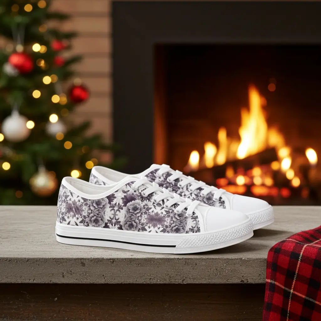 Stylish Floral Aubergine Low Top Sneakers for Women | Artistic Casual Footwear