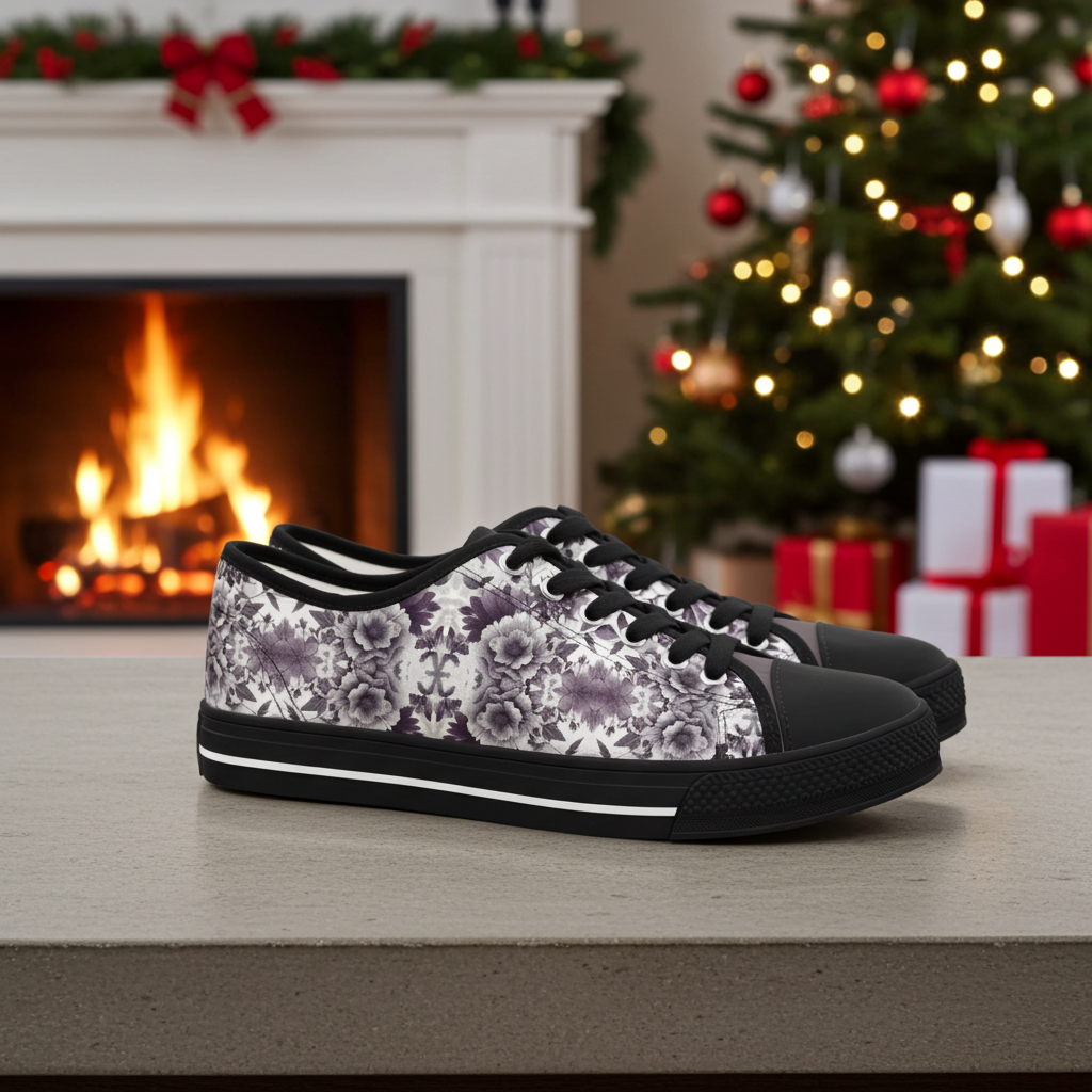Stylish Floral Aubergine Low Top Sneakers for Women | Artistic Casual Footwear