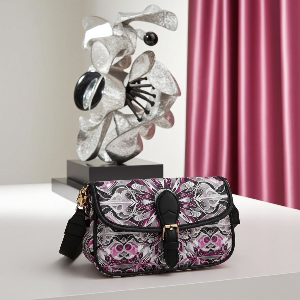 Stylish Magenta Leather Shoulder Bag with Floral Mandala Design & Multiple Compartments