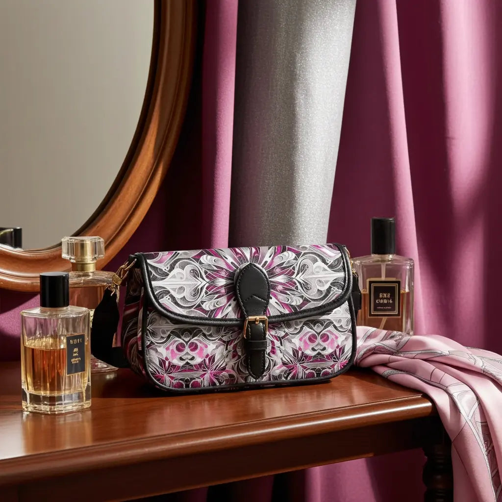 Stylish Magenta Leather Shoulder Bag with Floral Mandala Design & Multiple Compartments