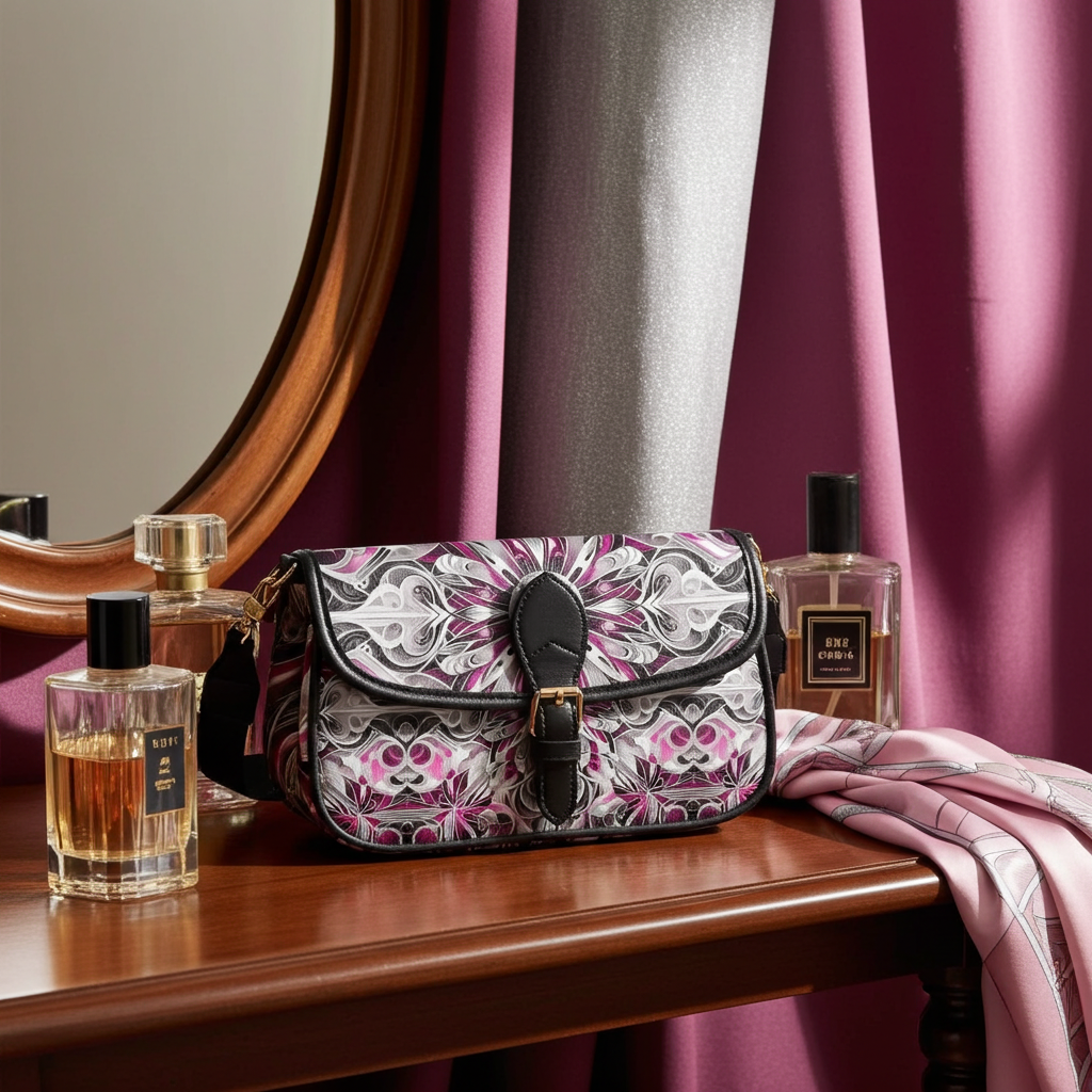 Stylish Magenta Leather Shoulder Bag with Floral Mandala Design & Multiple Compartments