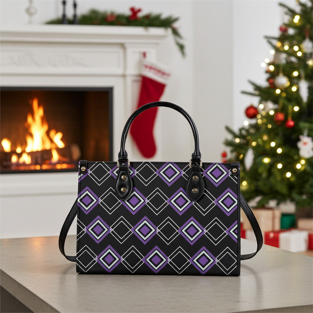 Handbag with geometric pattern in a festive setting with a fireplace and Christmas tree.