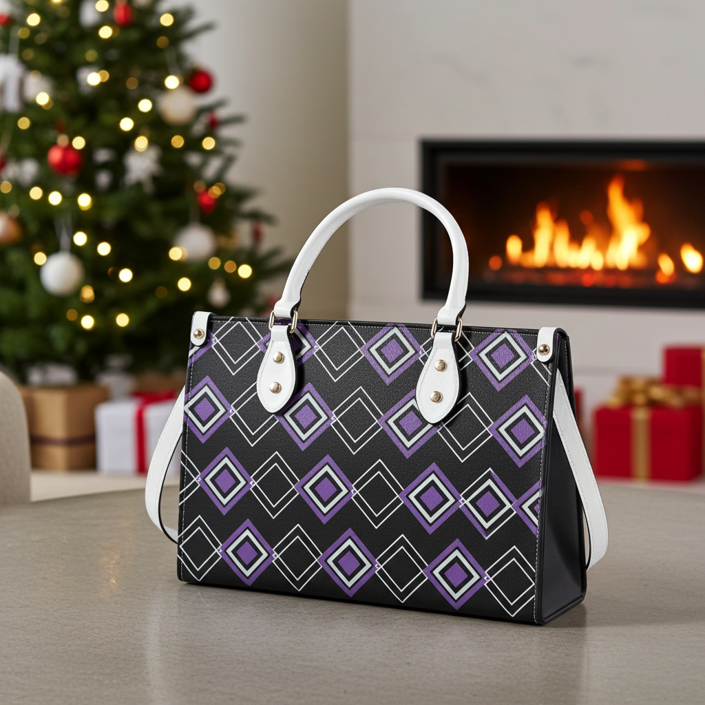 Handbag with geometric pattern in a festive room with Christmas tree and fireplace.
