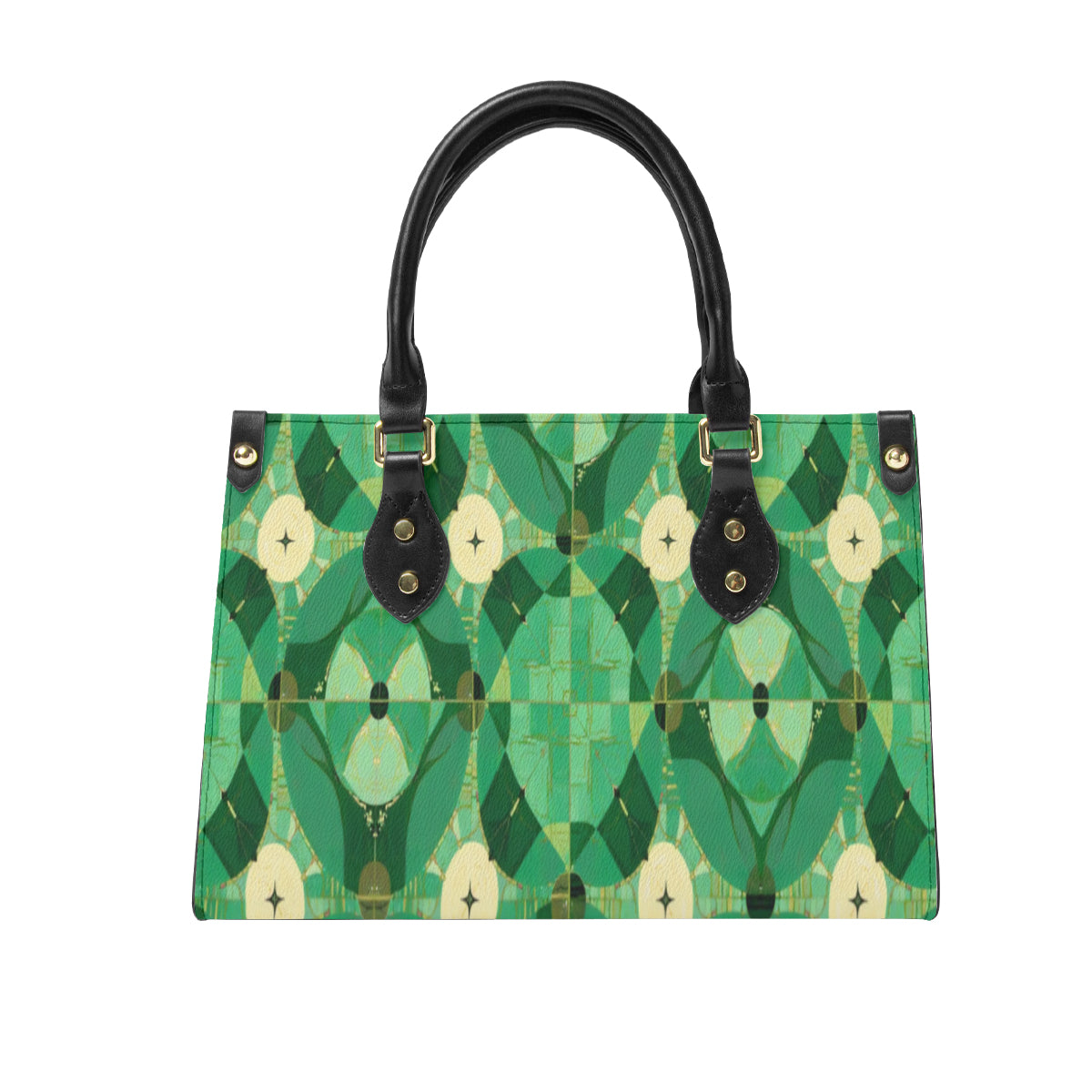 Green patterned handbag with black handles on a white background