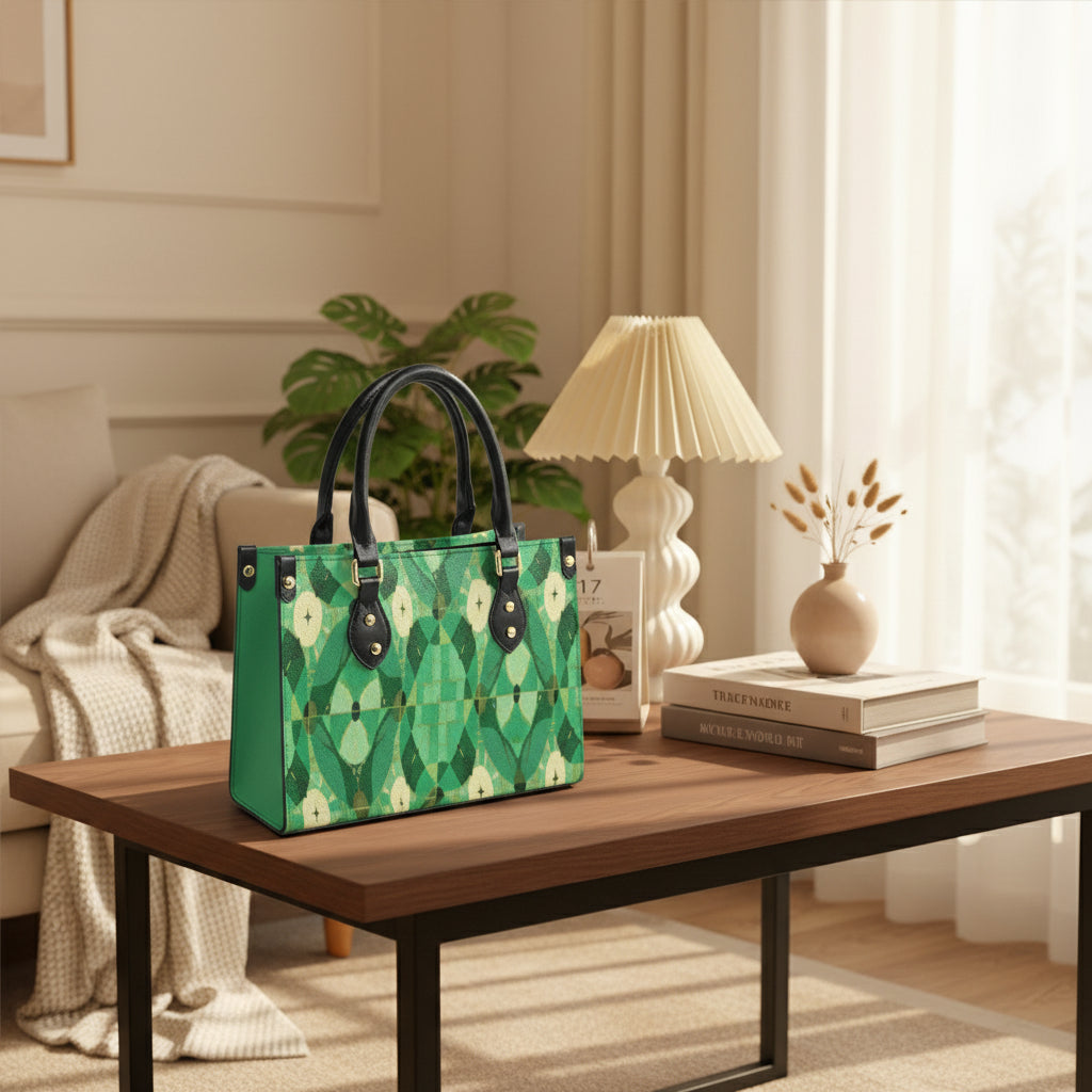 Green patterned handbag on a black surface with a white wall background