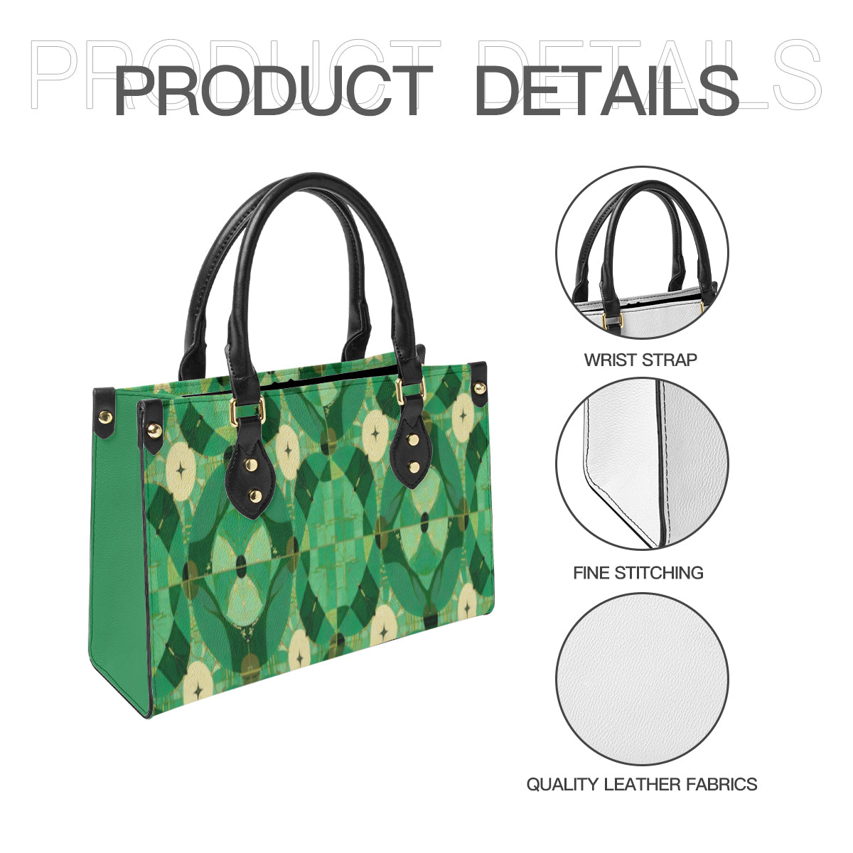 Green patterned handbag with wrist strap, fine stitching, and quality leather fabrics on a white background.