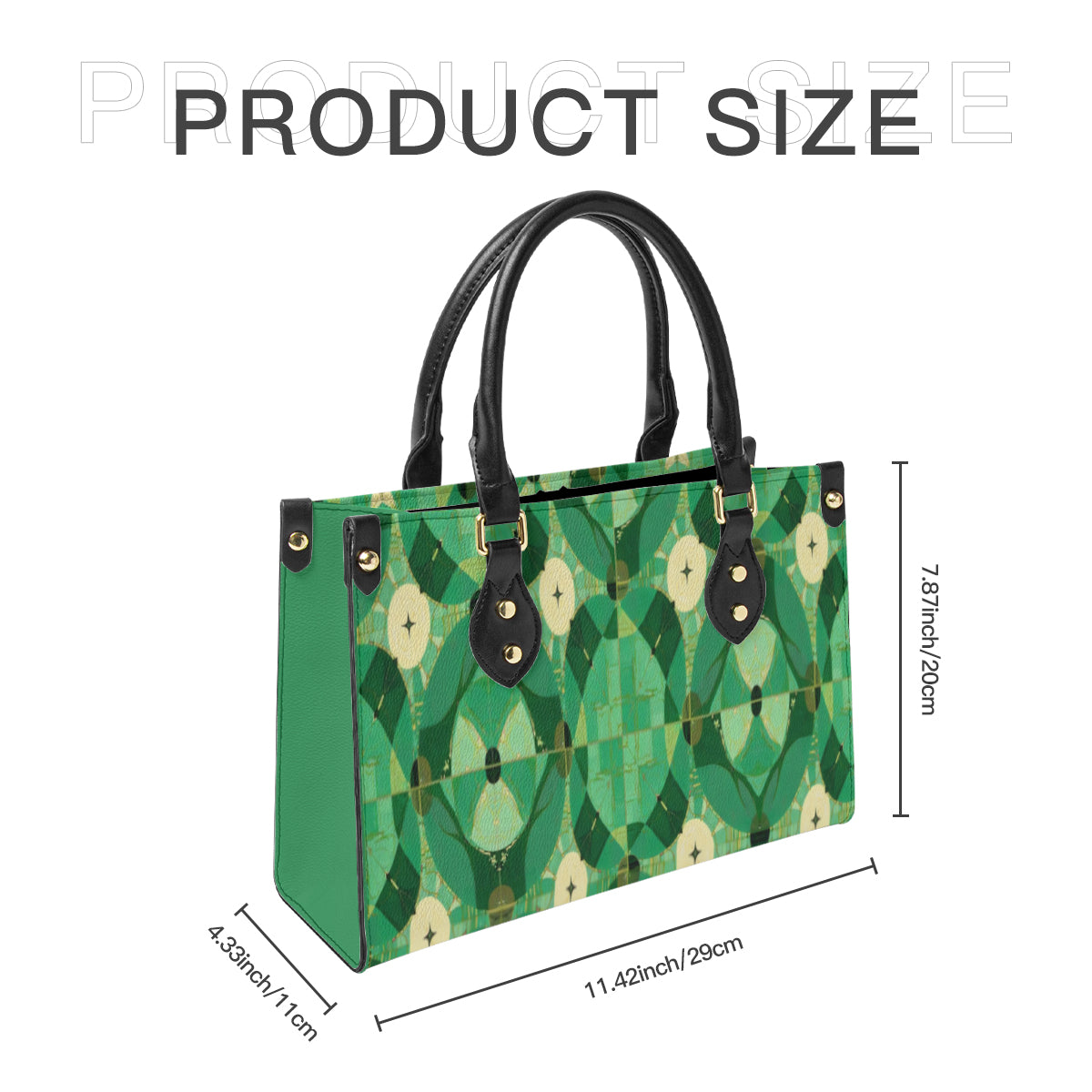 Green patterned handbag with measurements on a white background