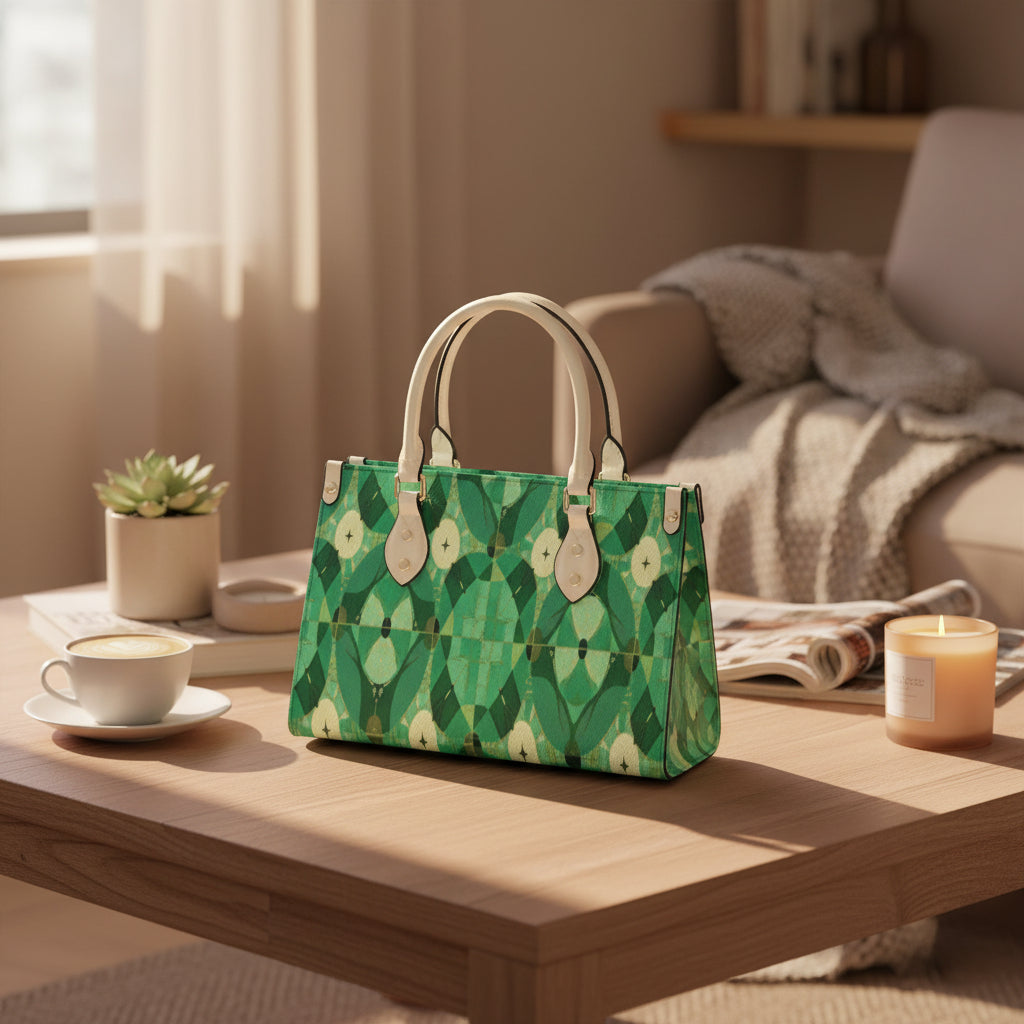 Green patterned handbag with beige handles on a white background