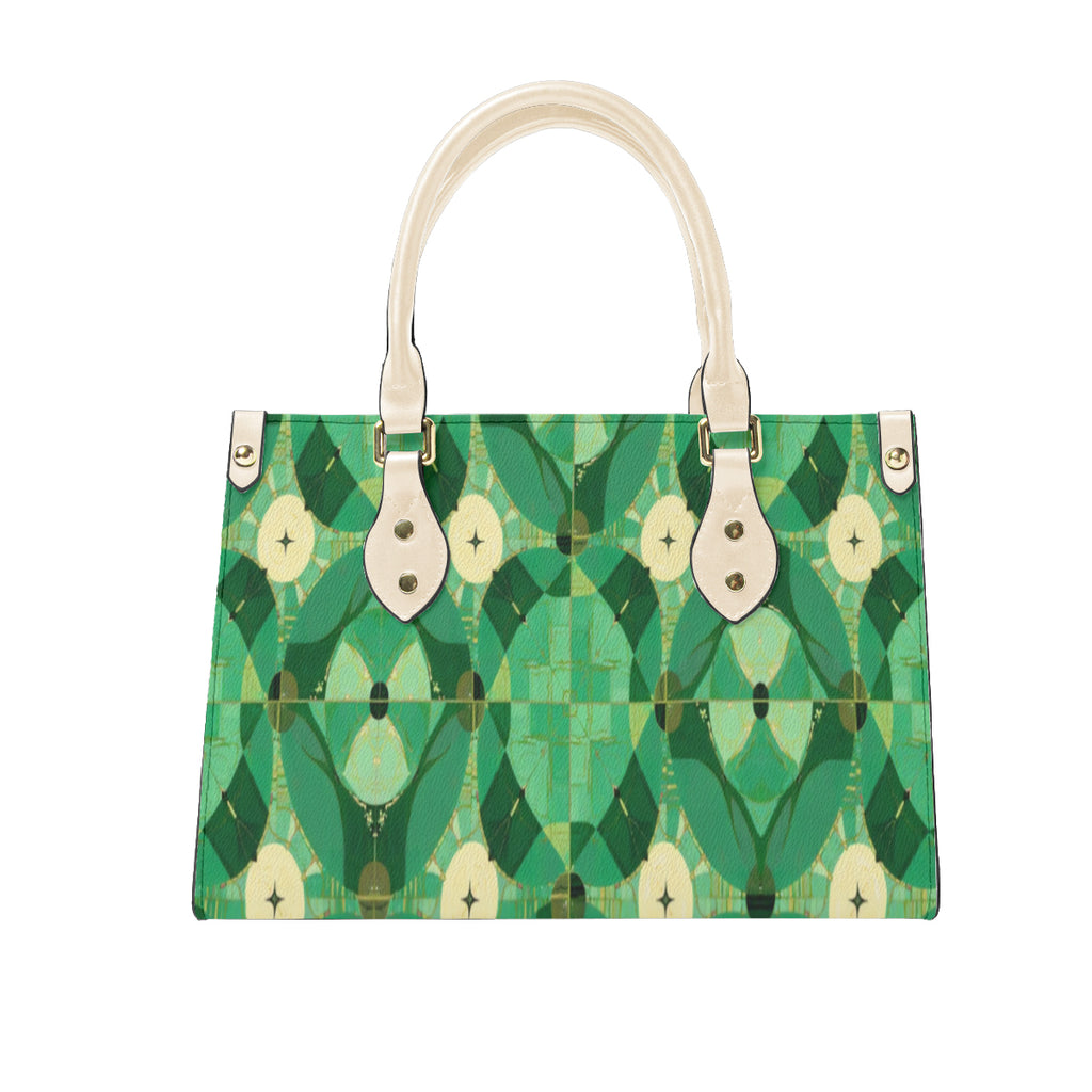 Green patterned handbag with beige handles on a white background