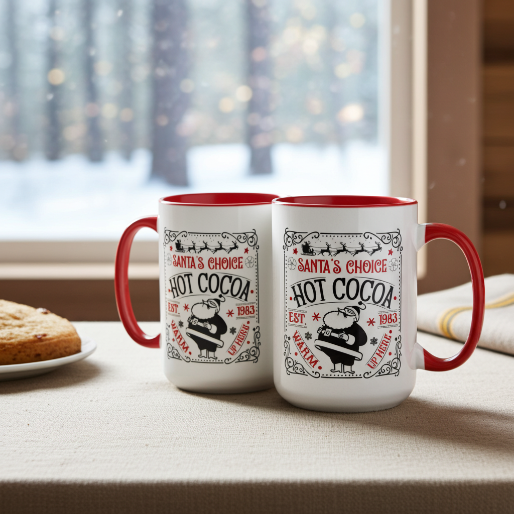 Two 'Santa's Choice Hot Cocoa' mugs with red handles on a table with a snowy window background.