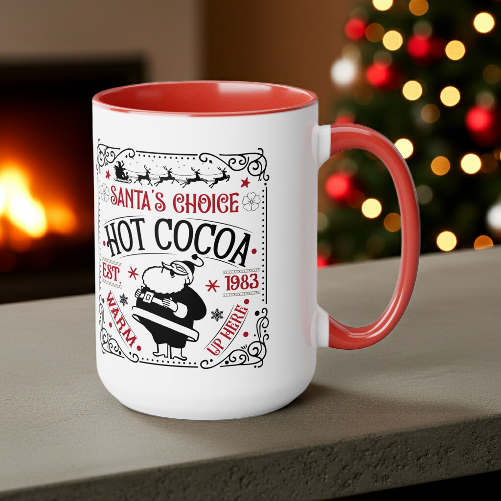 White mug with red interior and handle, featuring 'Santa's Choice Hot Cocoa' text, on a surface with a blurred Christmas tree and fireplace in the background.