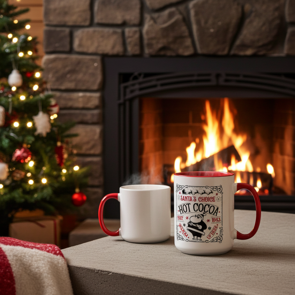 Two mugs on a table in front of a fireplace with a Christmas tree in the background