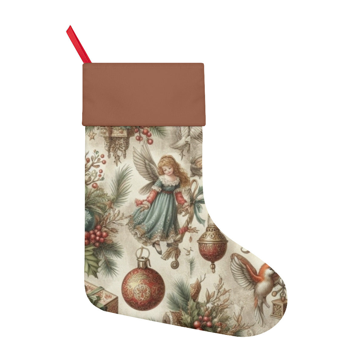 Decorative Christmas stocking with angel and ornament design on a white background