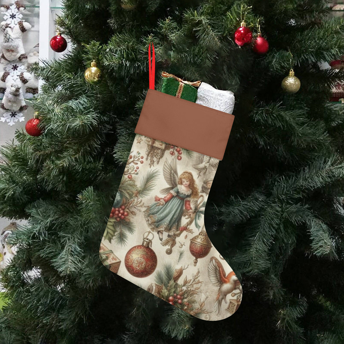 Christmas stocking with festive design hanging on a decorated tree